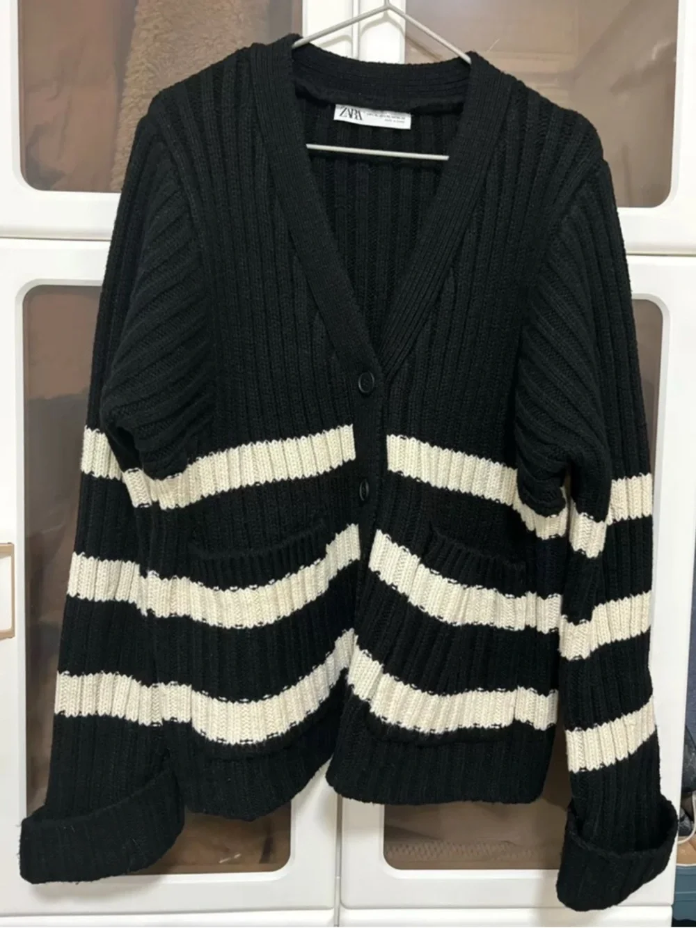 ZARA Black Cardigan with Cream Stripes - Picture 2 of 4